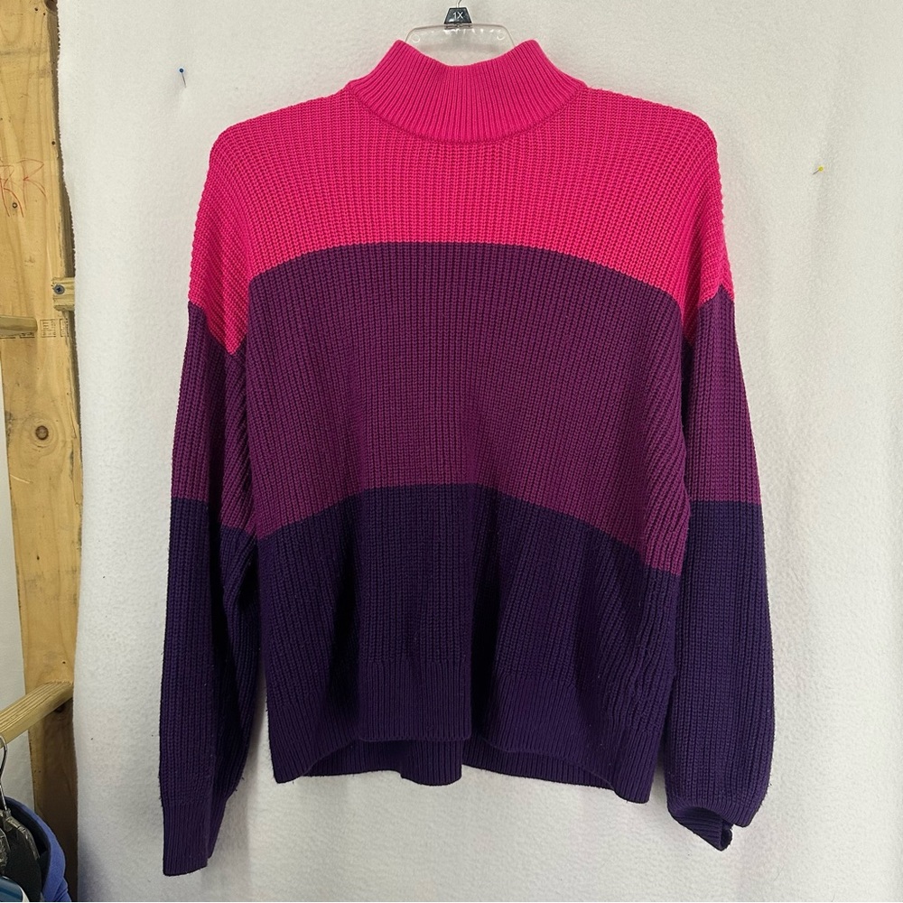 New York & Company Colorblock Turtleneck Knit Sweater Womens Large Purple/Pink